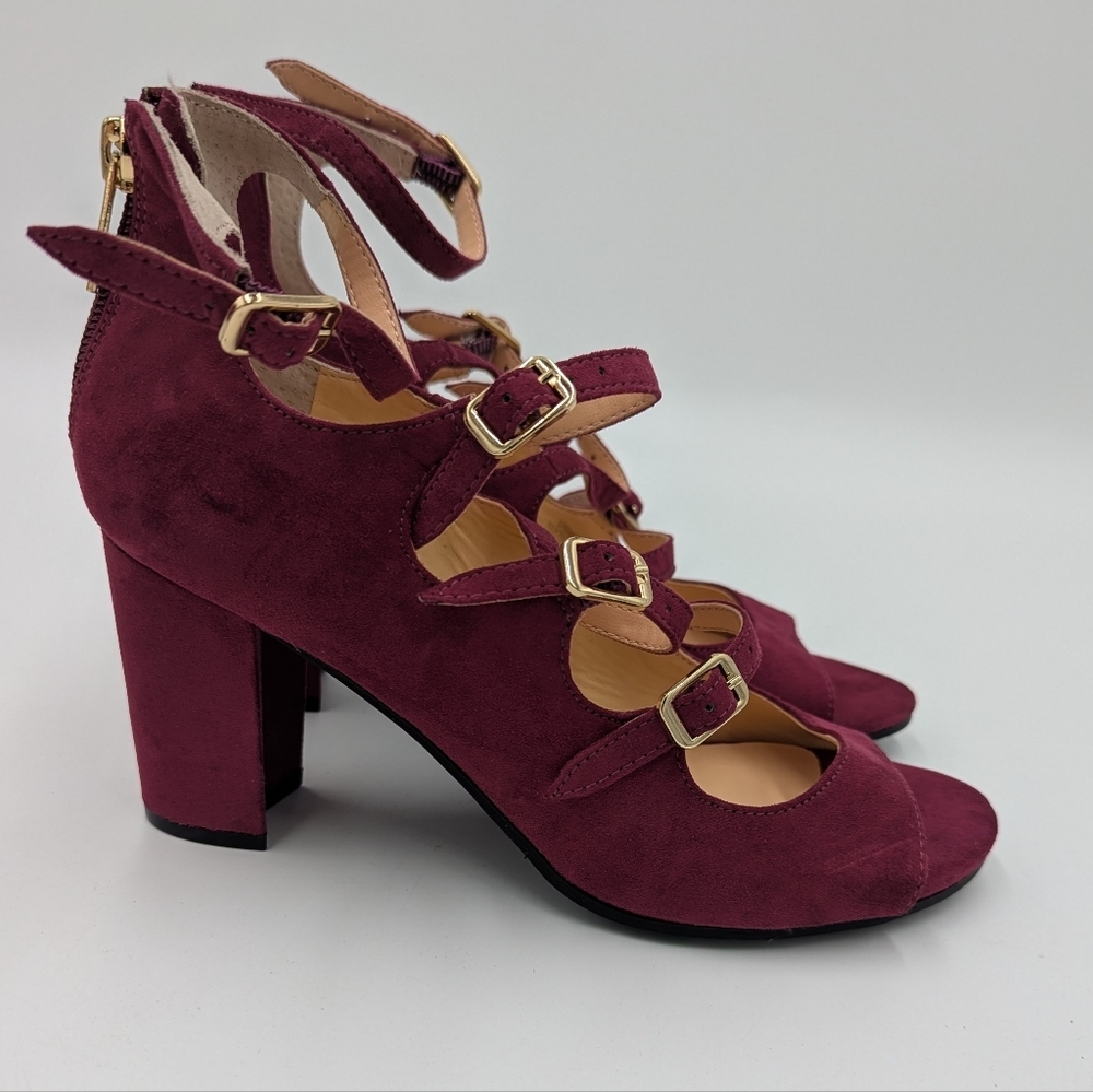 Unisa Burgundy Strappy Block Heel Sandals Maroon Suede Multi Buckle Retro 6.5M